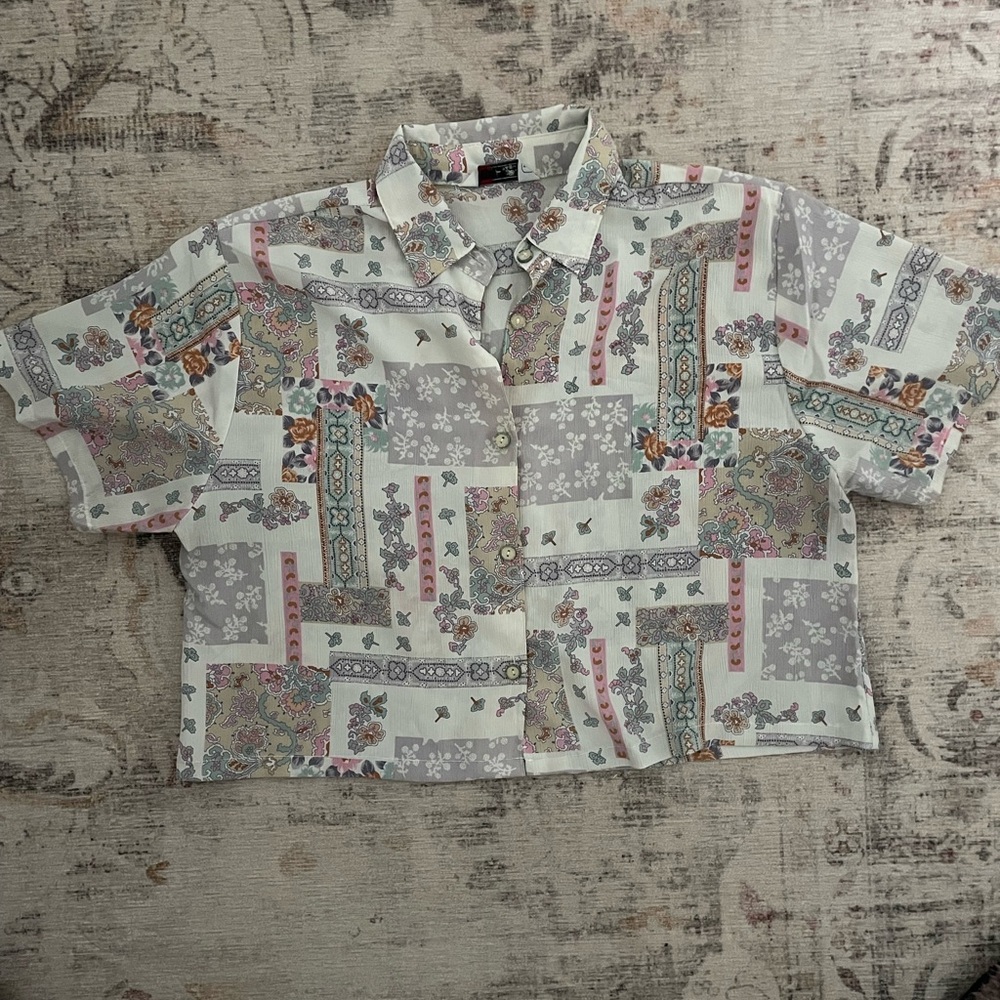Vintage Floral Patchwork Button-Up Crop Top